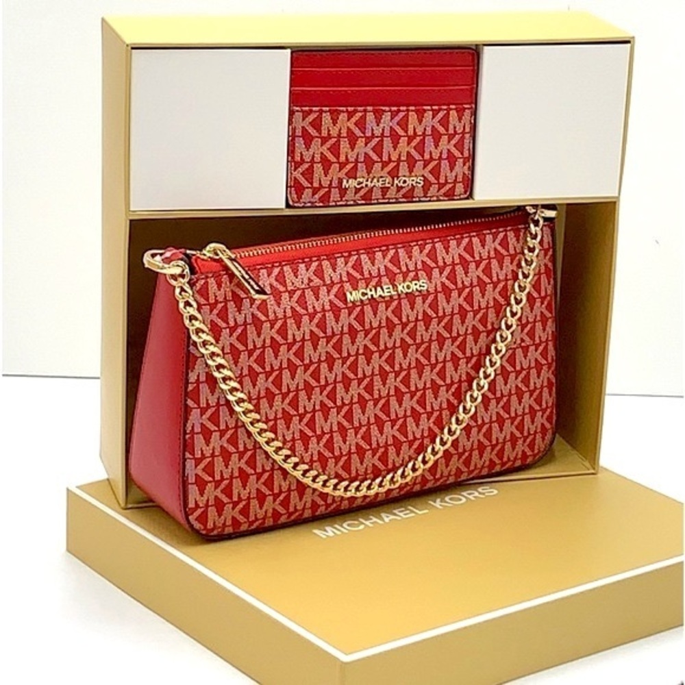 MICHAEL KORS GIFTABLE SHOULDER BAG & CARD HOLDER BOXED SET CHILI PALE GOLD GLITT - Picture 1 of 16